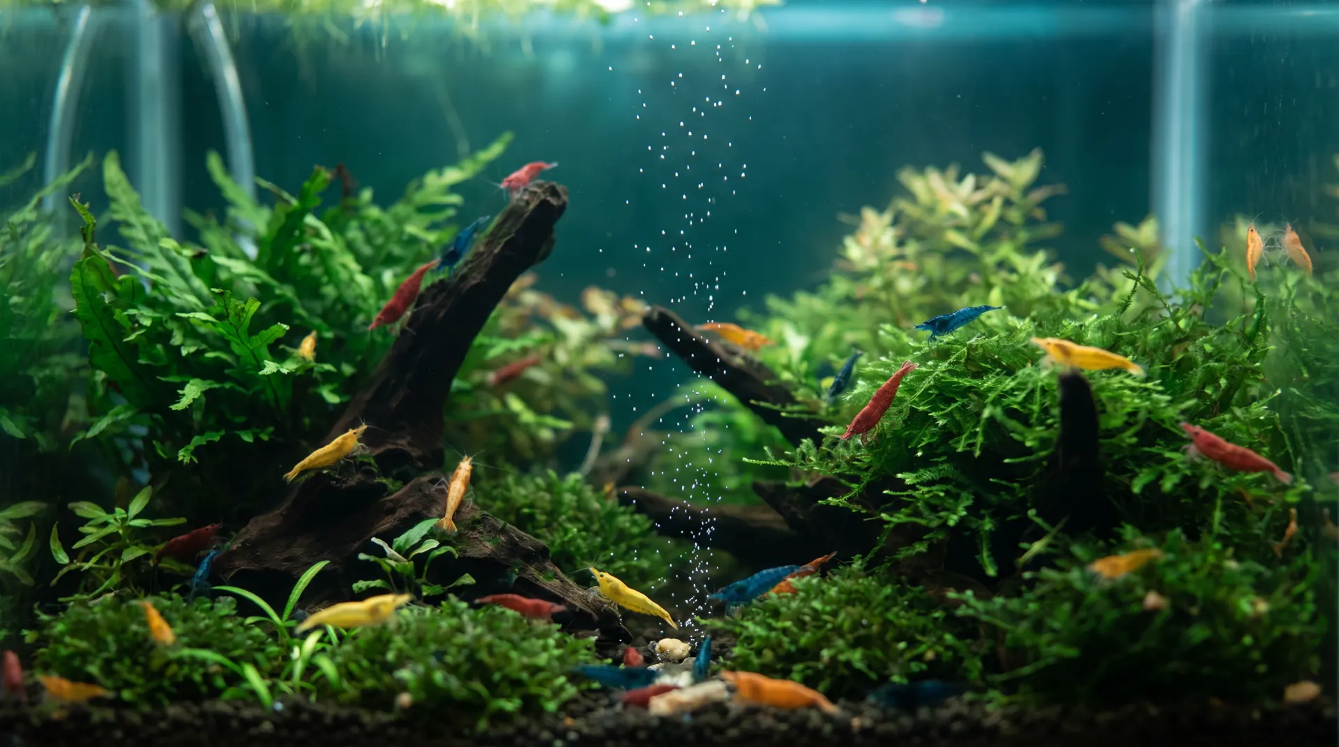 Bepflanztes Aquarium mit roten, gelben, blauen und orangen Zwerggarnelen