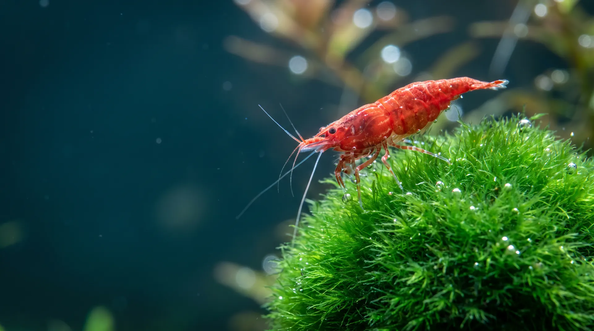 Red Fire Garnele Neocaridina davidi auf grünem Moos im bepflanzten Aquarium