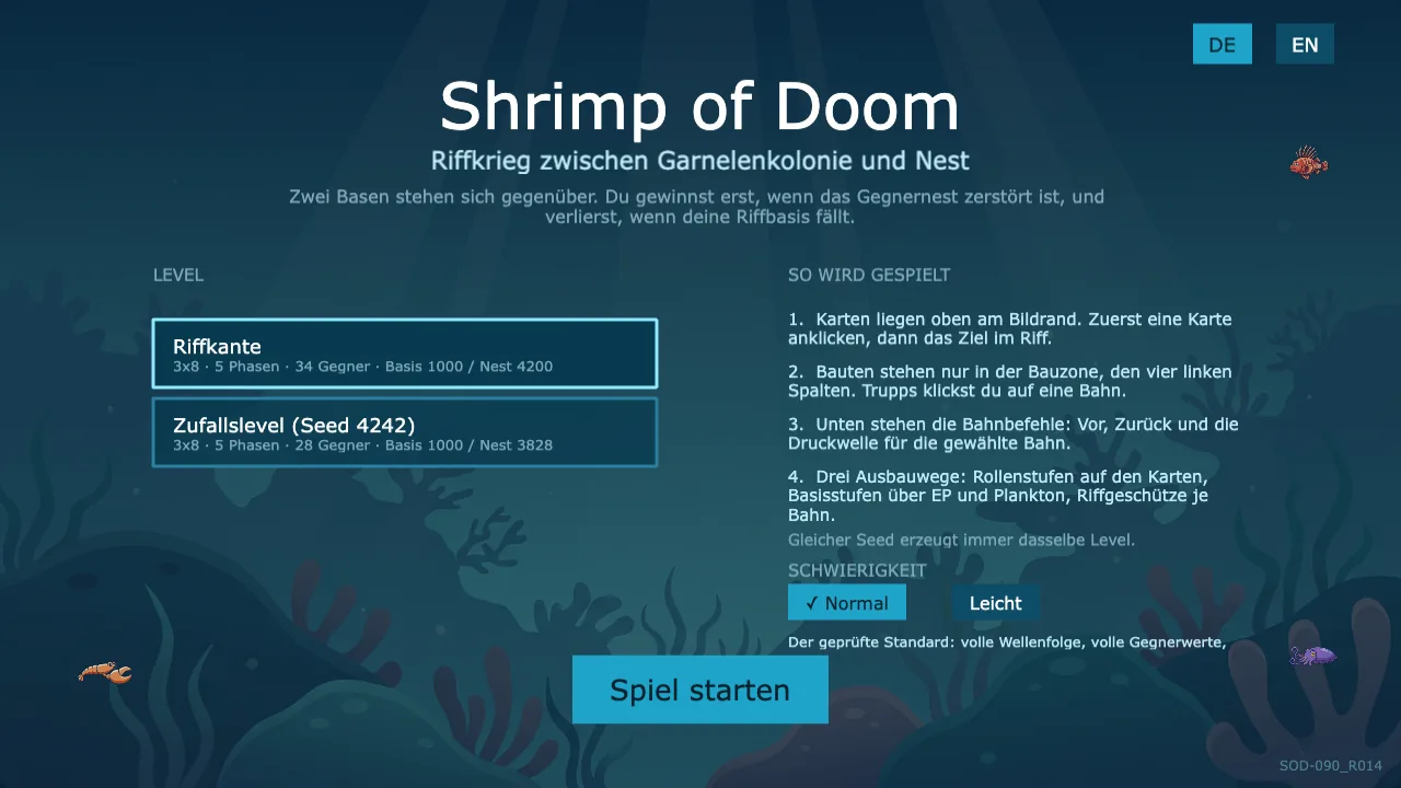 Titelbildschirm von Shrimp of Doom mit Levelauswahl, Kurzanleitung und Schwierigkeitsgrad