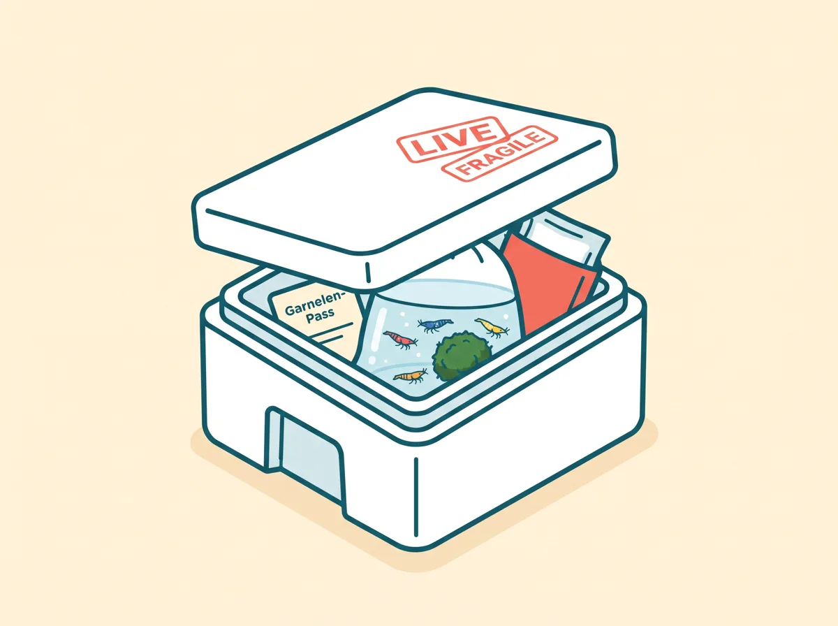 Styroporbox mit Wasserbeutel, Moosbündel, Heatpack und Garnelen-Pass